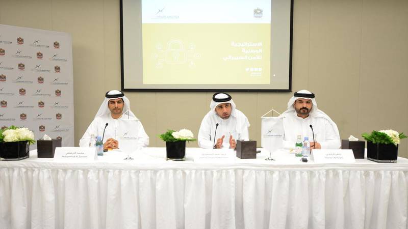 Hamad Obaid Al Mansoori, TDRA’s director general (C), at the launch of UAE National Cybersecurity Strategy in June 2019. Courtesy TDRA