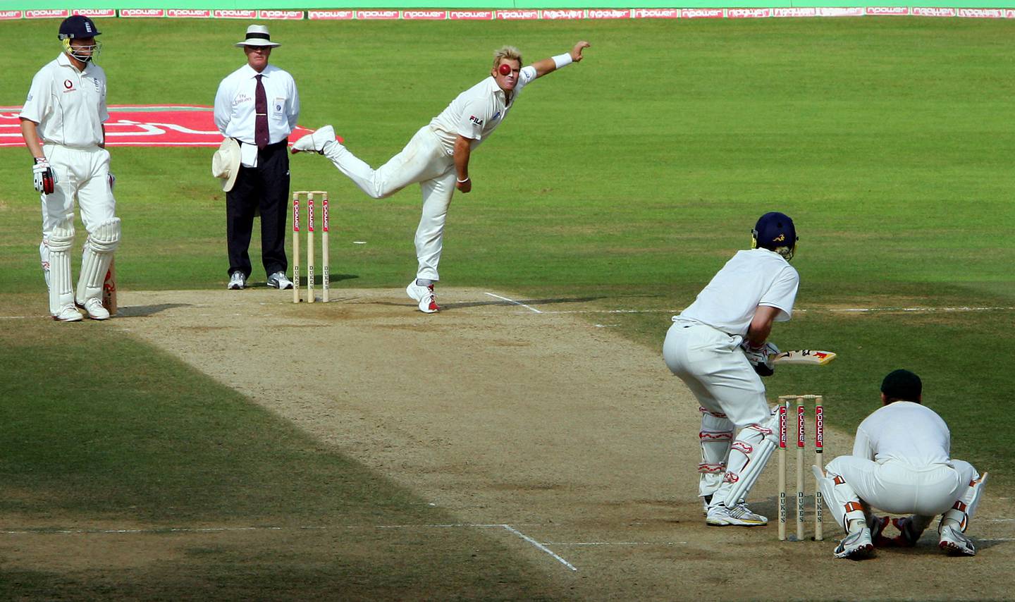 Shane Warne bowls to England's Kevin Pietersen during the fifth Ashes Test at the Oval in London in 2005. AFP