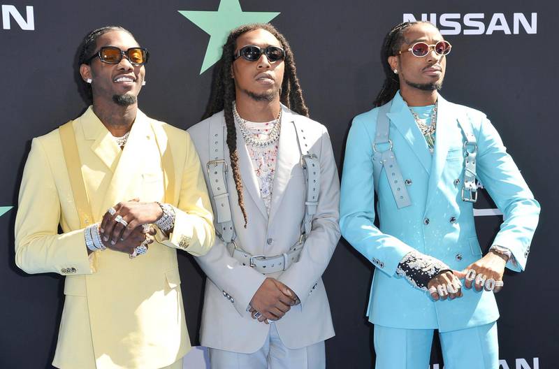 Offset , Takeoff Quavo arrive at the BET Awards on June 23, 2019, in Los Angeles. AP