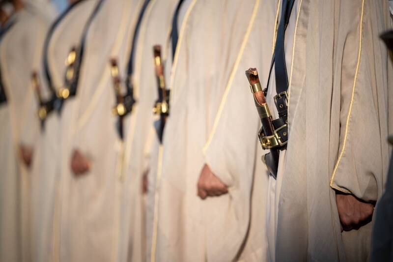 A close-up of members of the guard of honour awaiting the arrival of Jordan's King Abdullah at Al Bateen Airport.