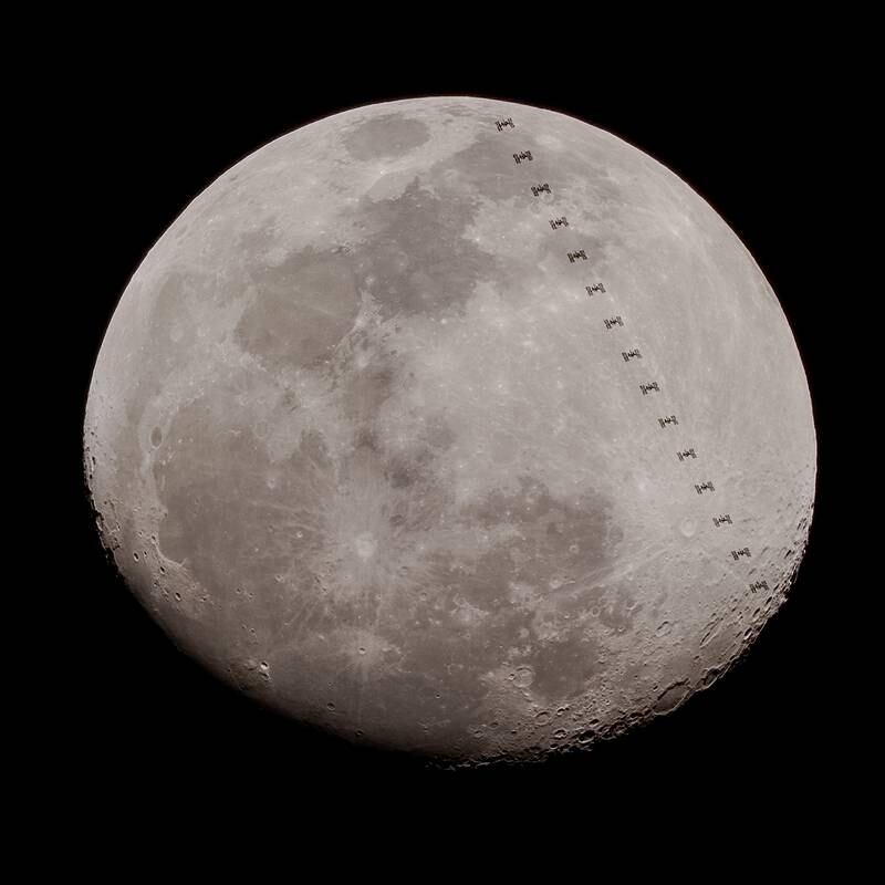 A timelapse image of the space station transiting the full Moon.