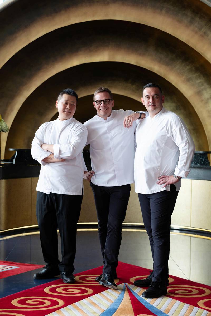 Chefs Kim Joinie-Maurin, Kasper Kurdahl and Francky Semblat at the Burj Al Arab. Courtesy Jumeirah Group