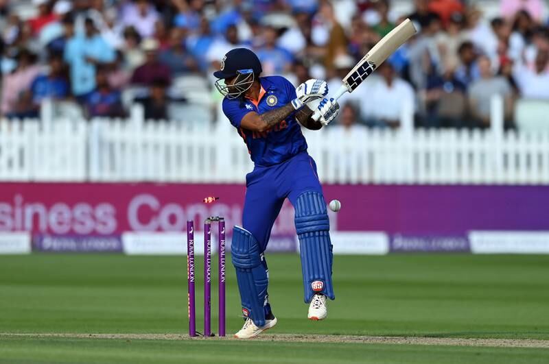 Suryakumar Yadav of India is bowled by England's Reece Topley.