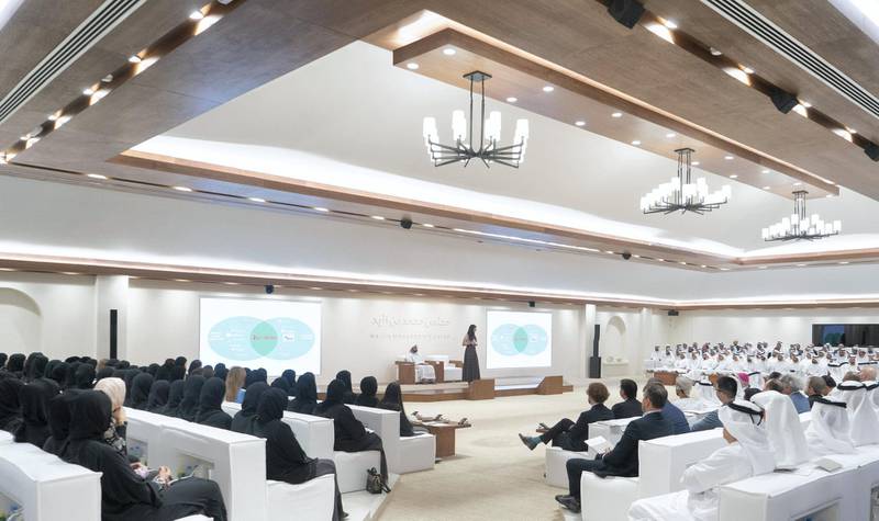 ABU DHABI, UNITED ARAB EMIRATES - May 27, 2019: Guests and dignitaries attend a lecture by Professor Nina Tandon, CEO and Co-founder of EpiBone (on stage R), titled: 'Cellular Ateliers: Regenerative Medicine and the Body Shop of the Future ', at Majlis Mohamed bin Zayed. Seen with moderator Abdulrahman Al Ali (on stage L).

( Rashed Al Mansoori / Ministry of Presidential Affairs )
---