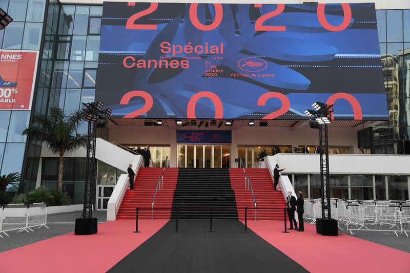 CANNES, FRANCE - OCTOBER 29: Cannes Film Festival pays a tribute to Nice attack victims with a black carpet at Palais des Festivals on October 29, 2020 in Cannes, France. A man armed with a knife fatally attacked people in the Notre-Dame church in Nice, located in the heart of the city on the morning of October 29th.  (Photo by Pascal Le Segretain/Getty Images)
