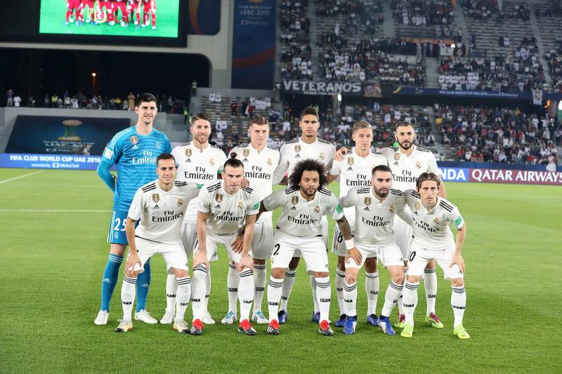 Abu Dhabi, United Arab Emirates - December 19, 2018: The Real Madrid team before the game between Real Madrid and Kashima Antlers in the Fifa Club World Cup semi final. Wednesday the 19th of December 2018 at the Zayed Sports City Stadium, Abu Dhabi. Chris Whiteoak / The National